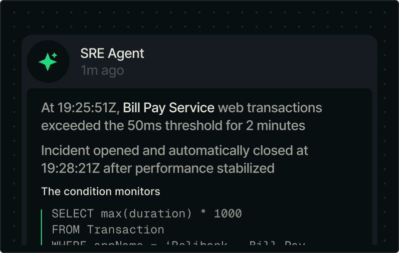 Official New Relic SRE Agent marketing UI from newrelic.com — not a SoftwareGlimpse lab screenshot.