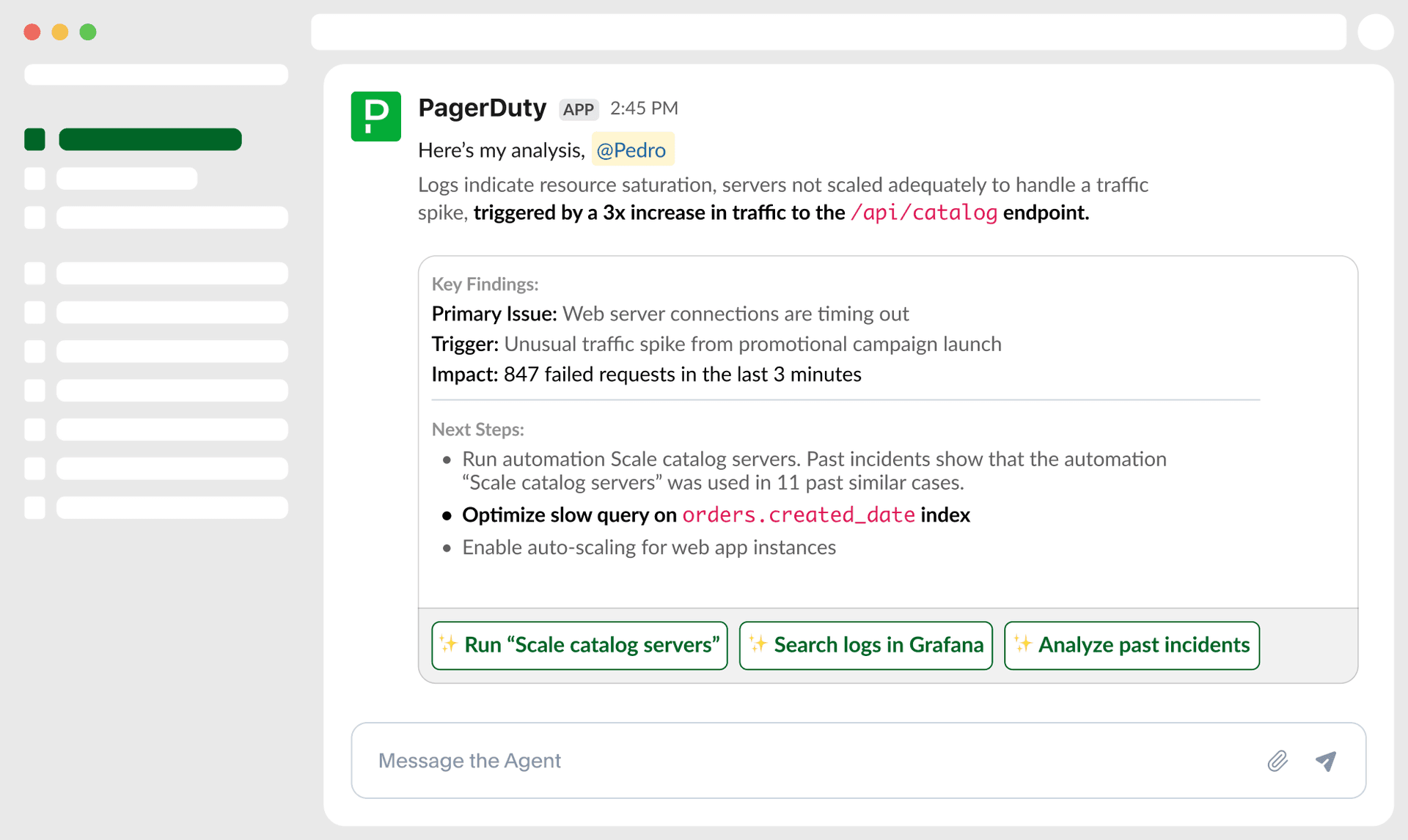 Official PagerDuty AI incident-response marketing UI from pagerduty.com — not a SoftwareGlimpse lab screenshot.