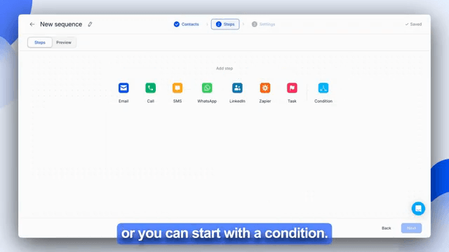 Official Reply.io UI: creating a first sequence walkthrough.