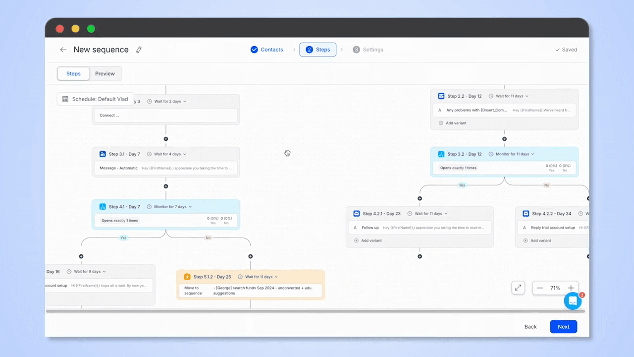 Official Reply.io UI: multichannel sequence steps with open-monitor branching.