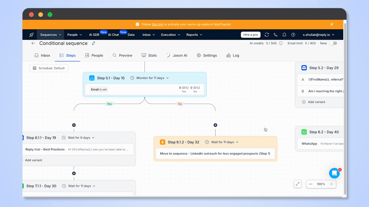 Official Reply.io UI: sequence canvas with follow-ups and move-to-sequence actions.