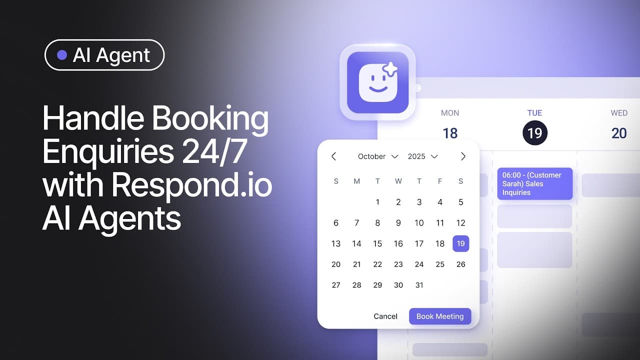 Official respond.io YouTube thumbnail for AI Agents booking workflow.