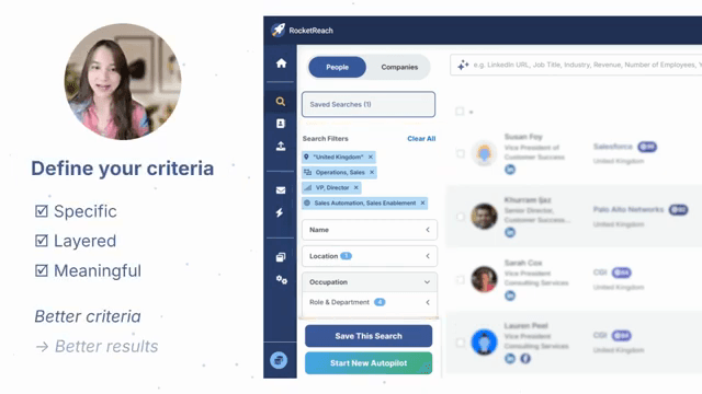 Official RocketReach UI (Autopilot tutorial @30s).