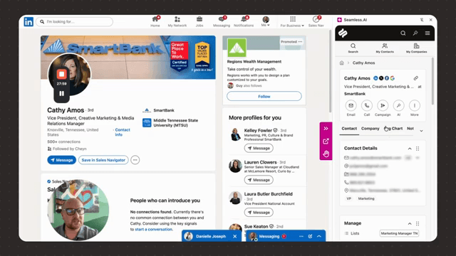 Official Seamless.AI UI: Chrome extension revealing emails and phones on LinkedIn.