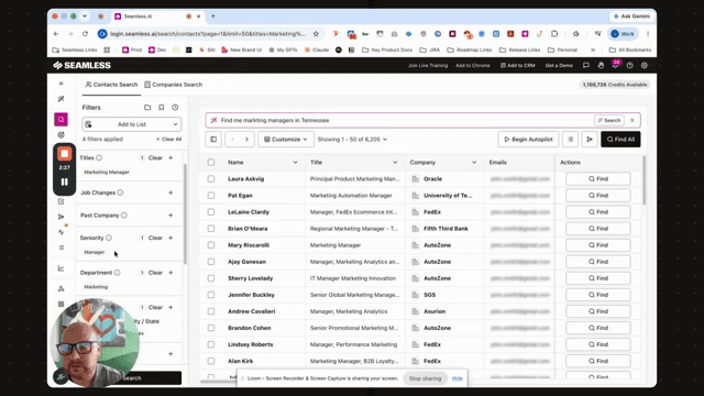 Seamless.AI Contacts Search with AI query and filter sidebar