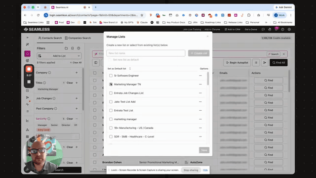 Official Seamless.AI UI: Manage Lists modal for organizing prospecting lists.