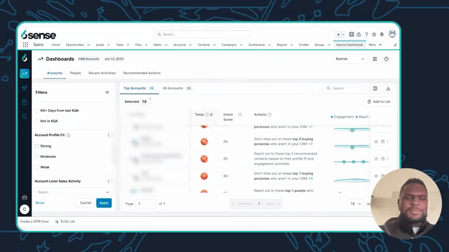 Official 6sense UI: account filters for 6QA timing, profile fit, and sales activity.