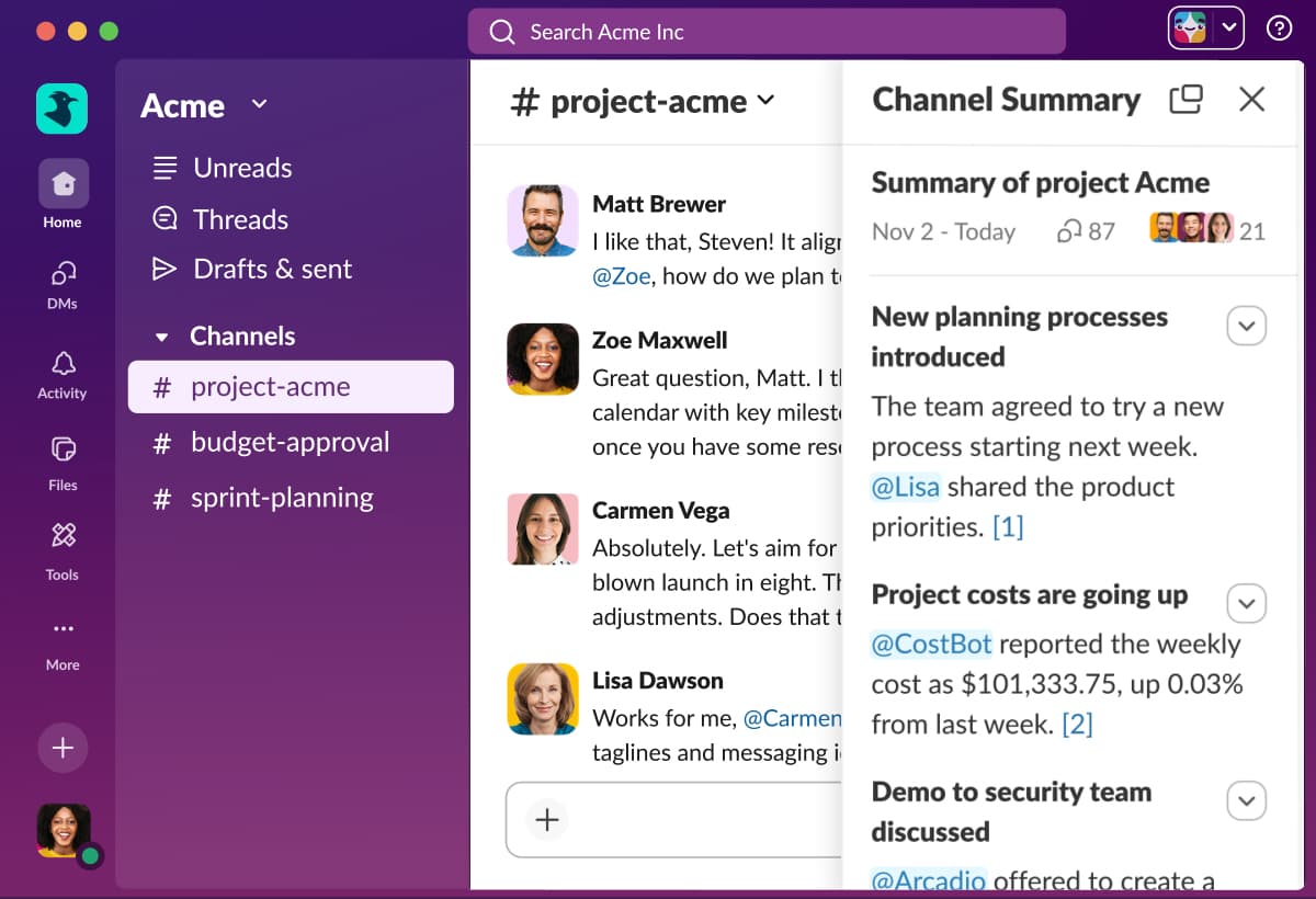 AI summary UI frame from the official Slack homepage.