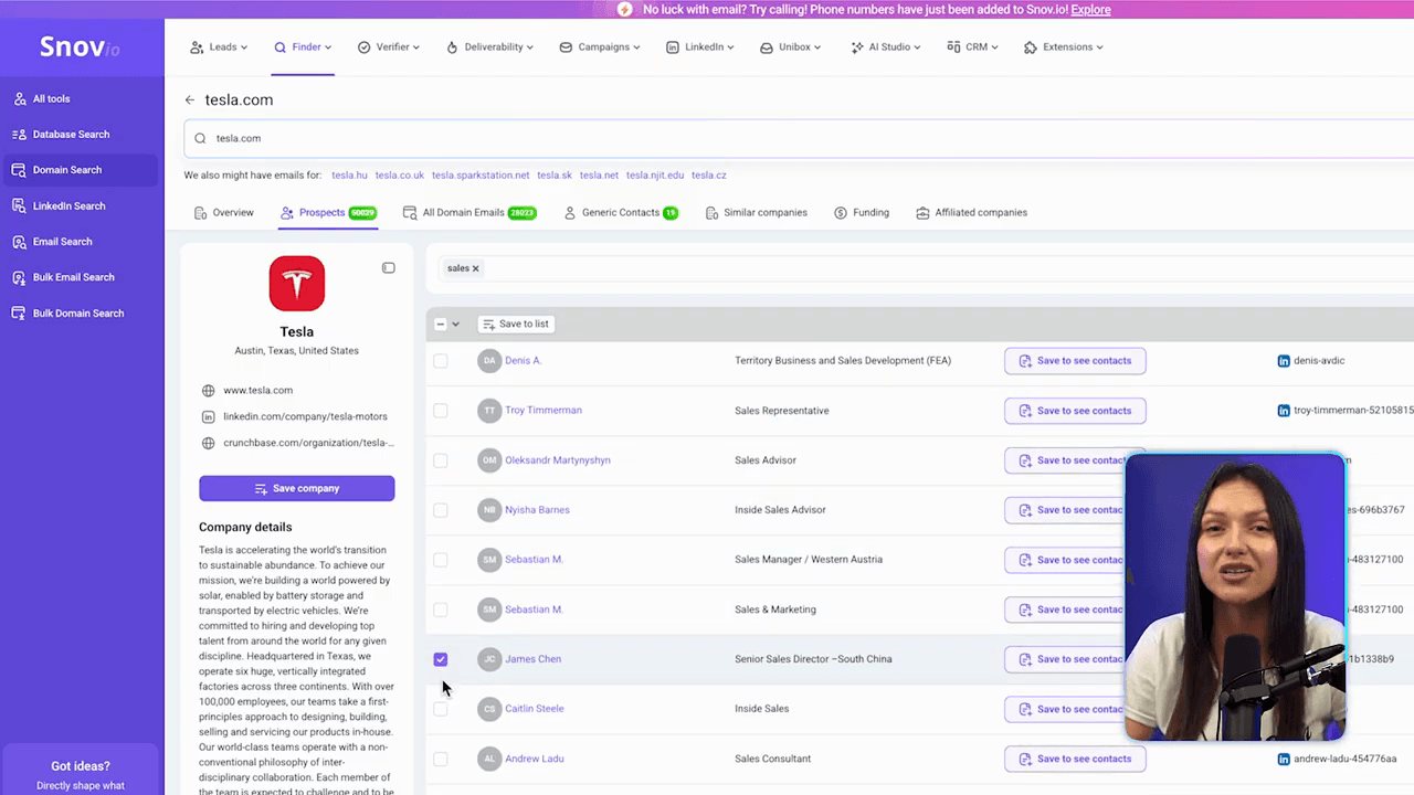 Official Snov.io demo: Domain Search prospects table with company context and save actions.