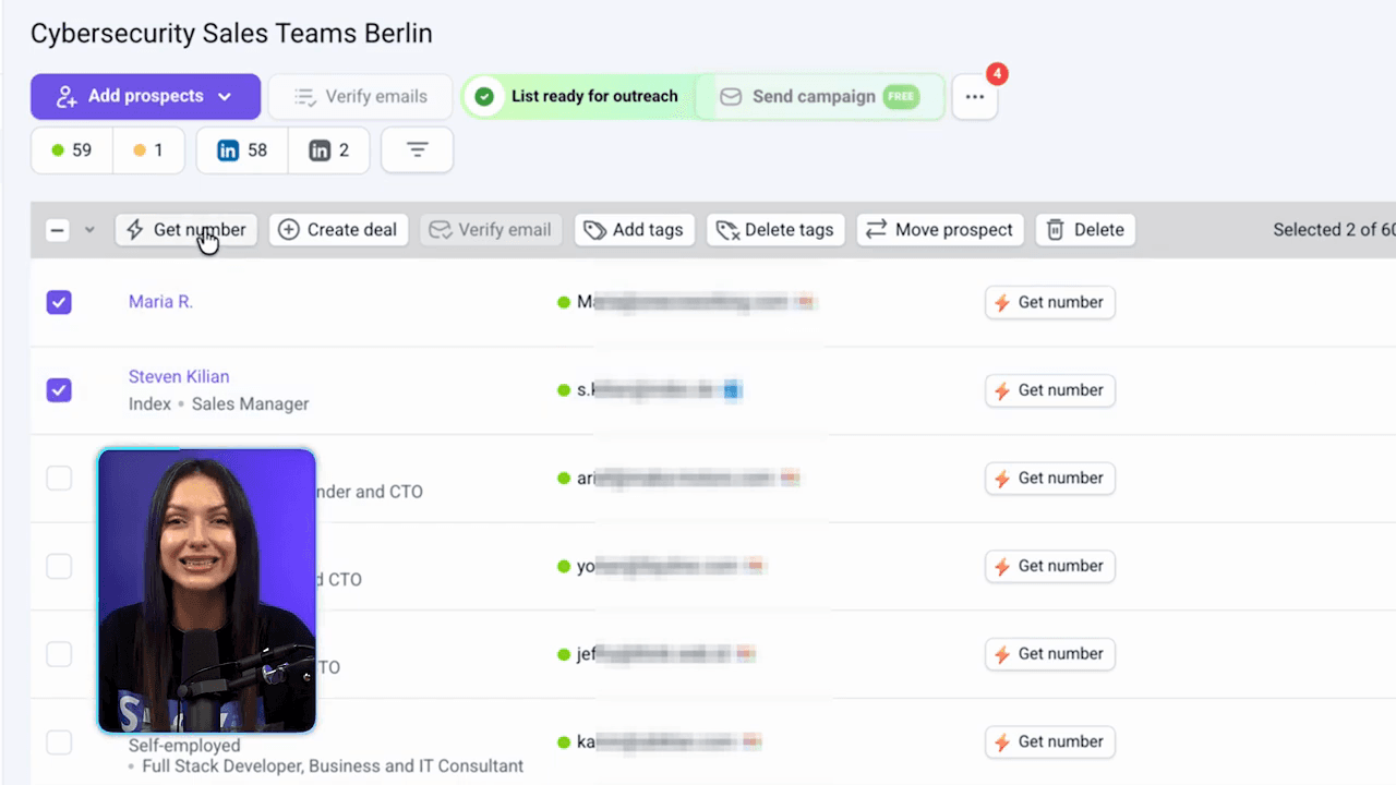 Official Snov.io demo: Lead list ready for outreach with Get number phone enrichment.