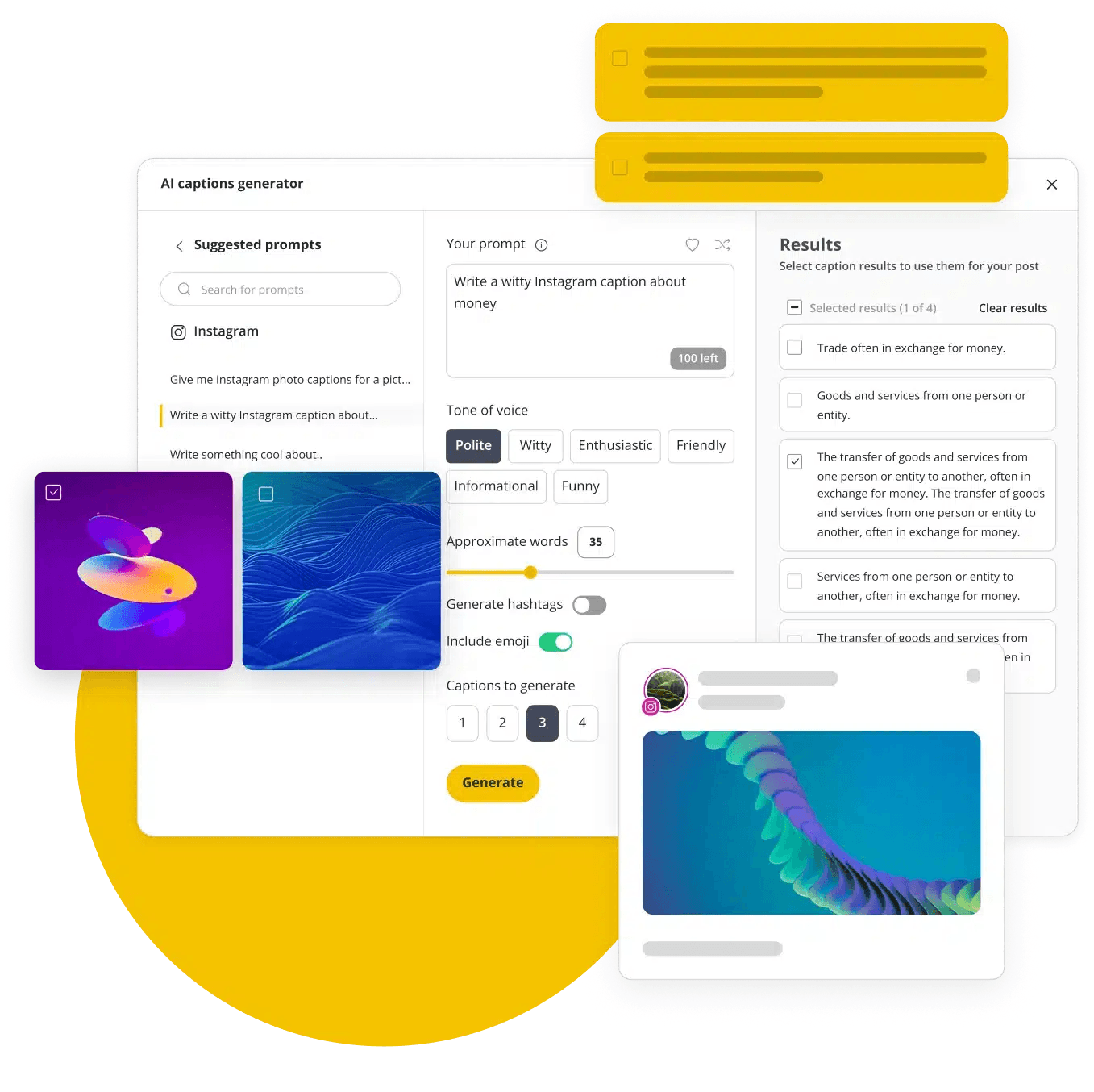 AI caption composer UI from official SocialBee site.