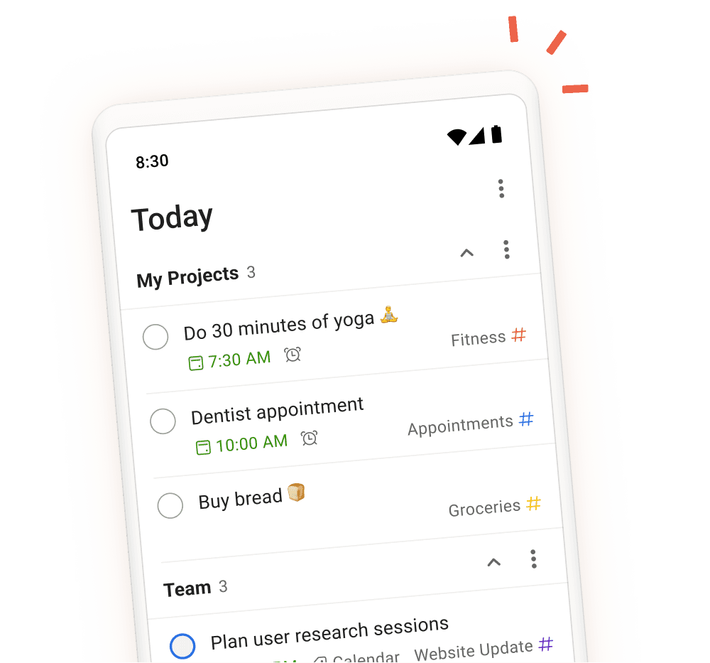 Task list UI from the official Todoist homepage.