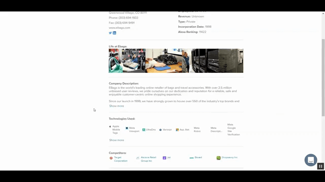 Official UpLead demo: Company profile showing firmographics, tech stack, and competitors.
