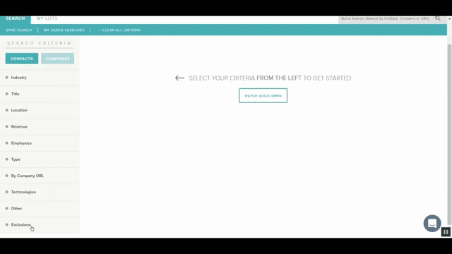 Official UpLead demo: Contacts search workspace with filter criteria before running a query.