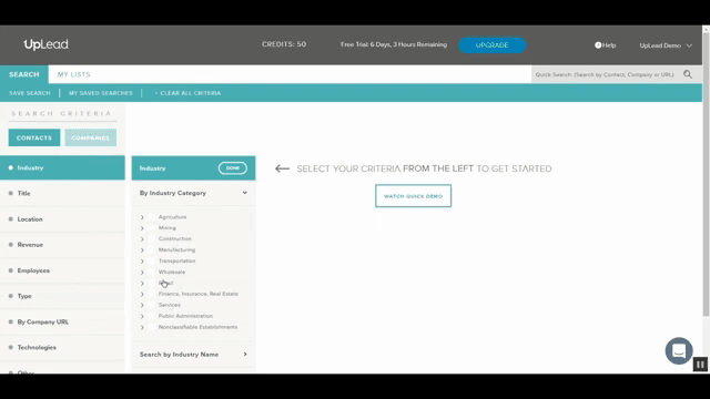Official UpLead demo: Industry filter selection inside Contacts search criteria.