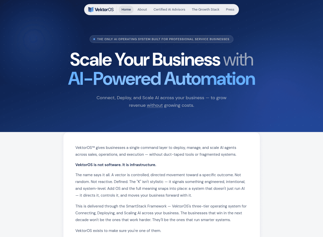 Full homepage product frame from vektoros.ai first-party CDN.