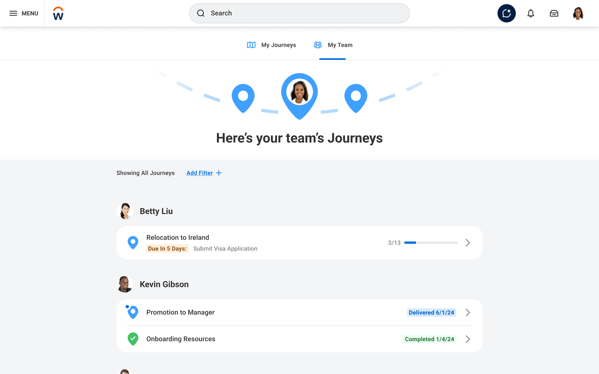 Manager journeys view from the official Workday employee experience page.