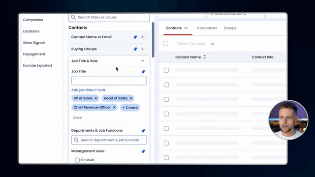 Official ZoomInfo UI: Contacts search with job title and C-level filters.