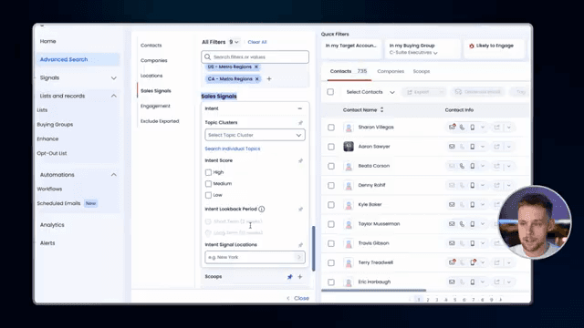 Official ZoomInfo UI: Sales Signals intent filters with contact results.