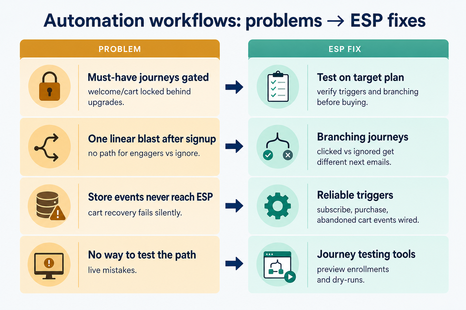 Diagram mapping automation workflows pains to email marketing capability fixes.