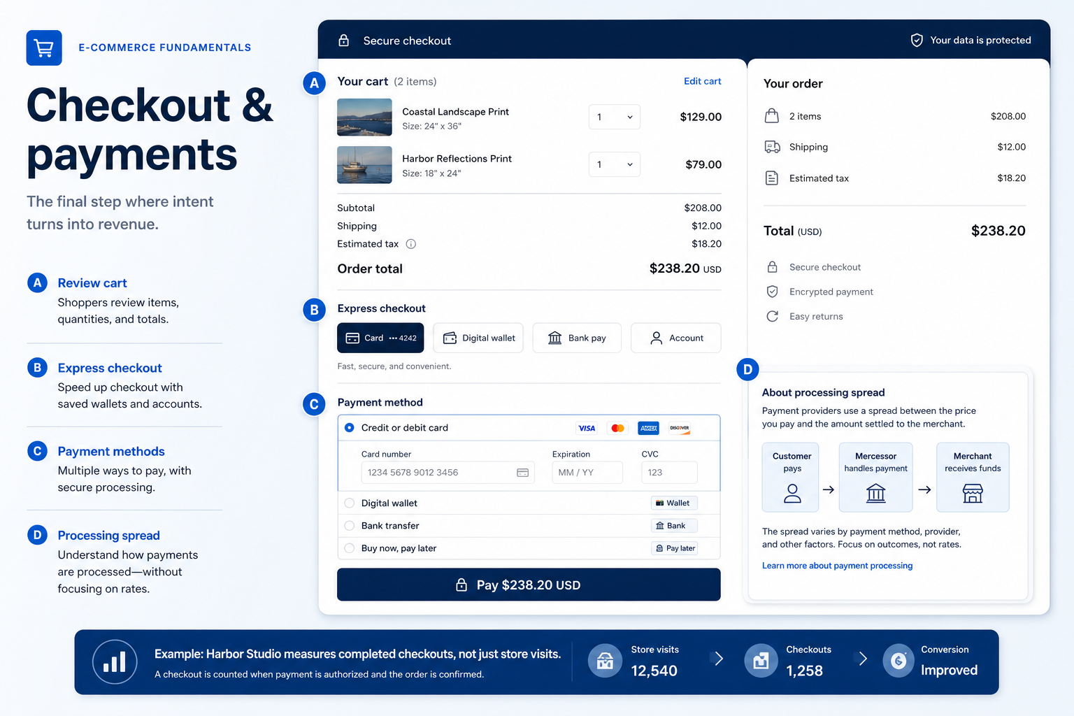 Educational diagram of ecommerce checkout & payments capability.