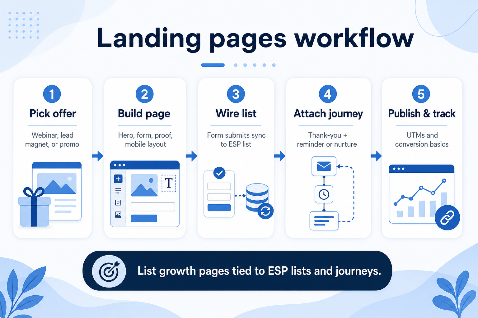 Workflow diagram for using landing pages in email marketing.