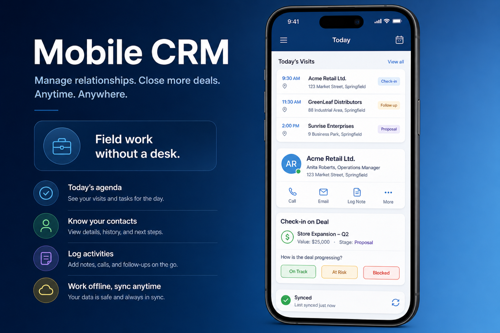 Educational diagram of CRM mobile capability showing a field rep logging activity from a phone app.