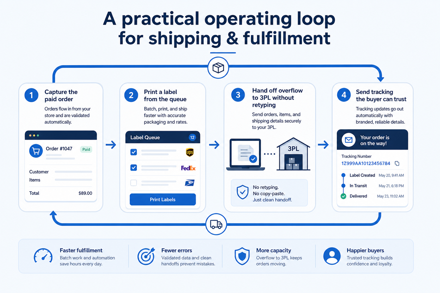 Workflow diagram for using shipping & fulfillment in ecommerce.