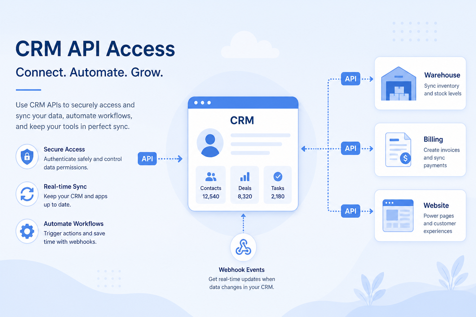 Educational diagram of CRM API access connecting the CRM to billing, product, and data warehouse systems.