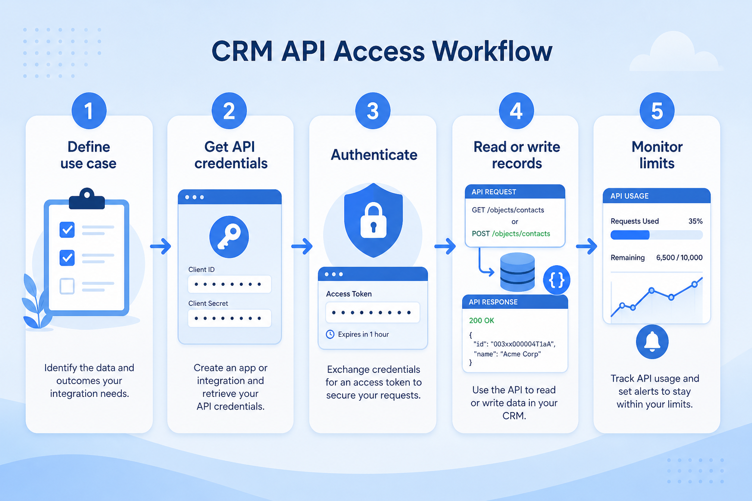 Five-step API access workflow: inventory integrations, confirm entitlements, design sync, build, monitor.