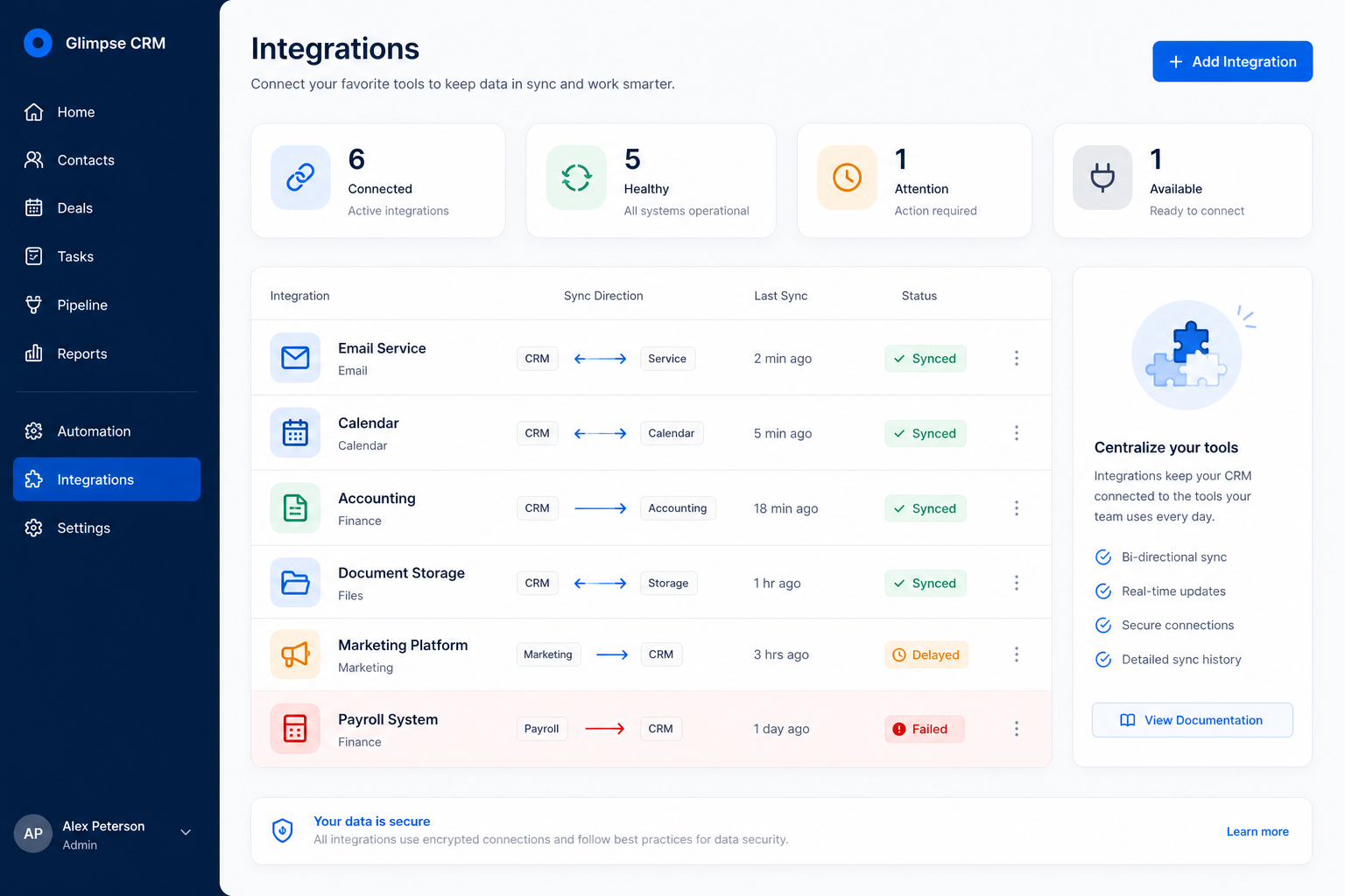 Educational CRM integrations UI showing connected apps, sync direction, and health status.