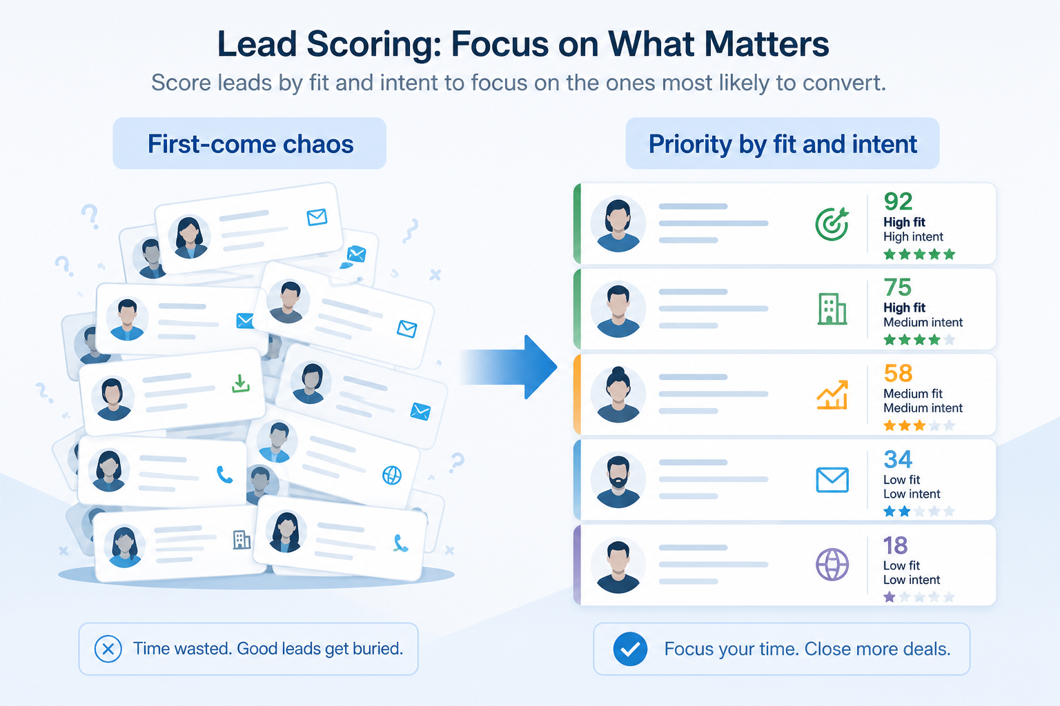 Diagram mapping volume triage failures, opaque MQLs, and unused scores to lead scoring fixes.