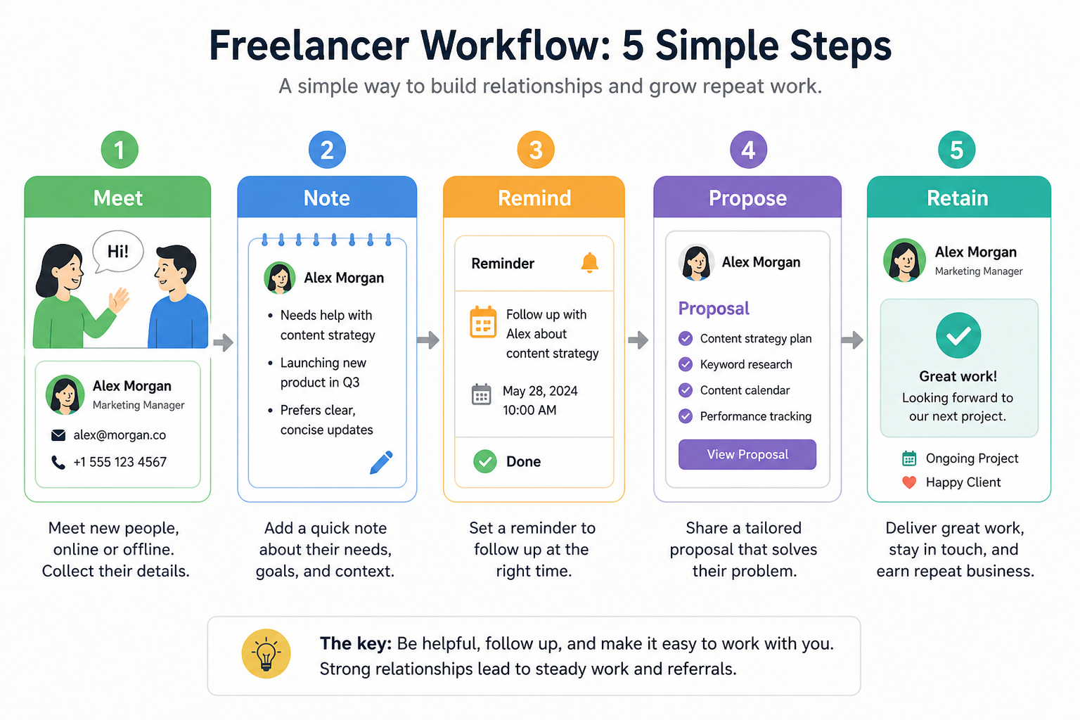Freelancer CRM workflow: meet, note, remind, propose, retain.