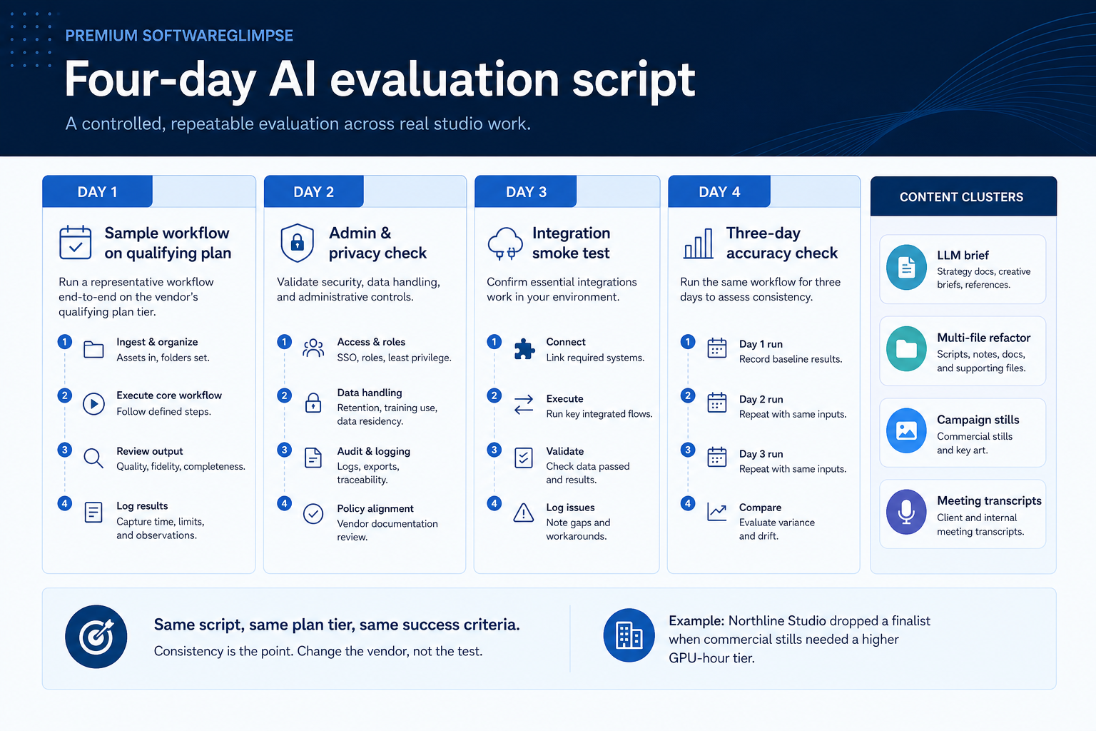 Four-day AI evaluation script from sample workflow to accuracy check.