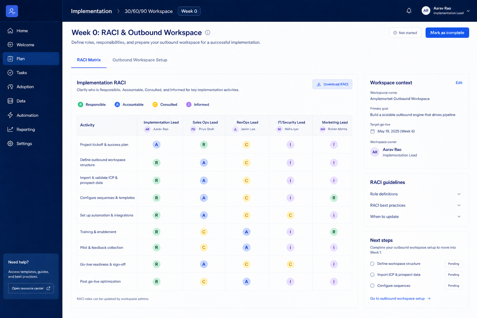 Amplemarket implementation hero: 30/60/90 outbound phases with ops owner and adoption gates.