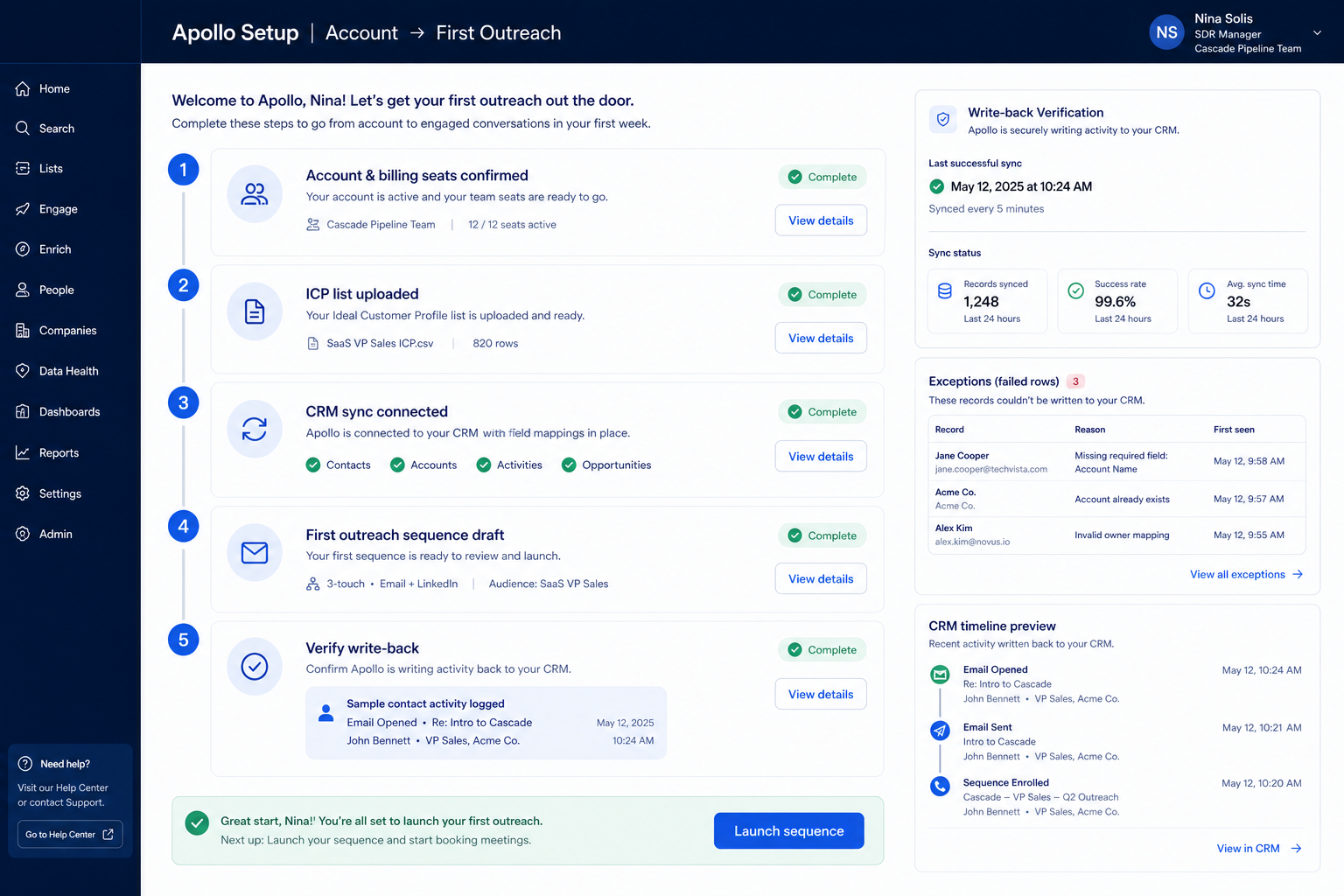 Apollo.io setup hero: account → seats → list → sequence/dialer → CRM sync checklist.