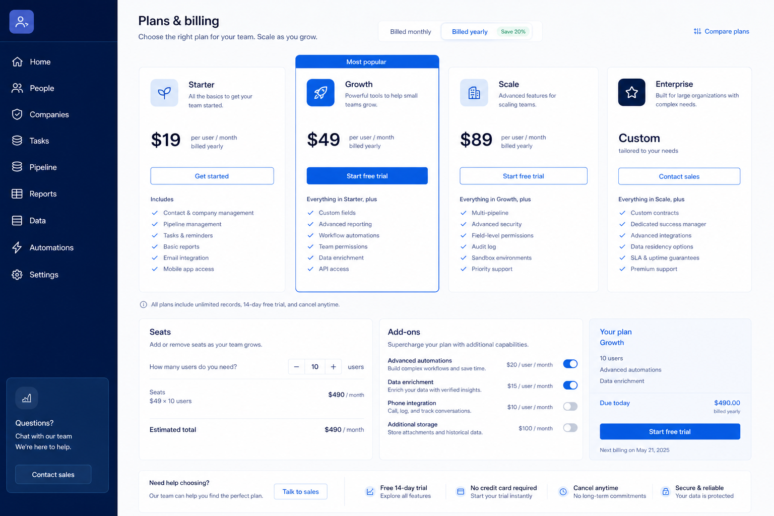 Attio plans hero: must-haves mapping to qualifying plan tiers — no invented totals.