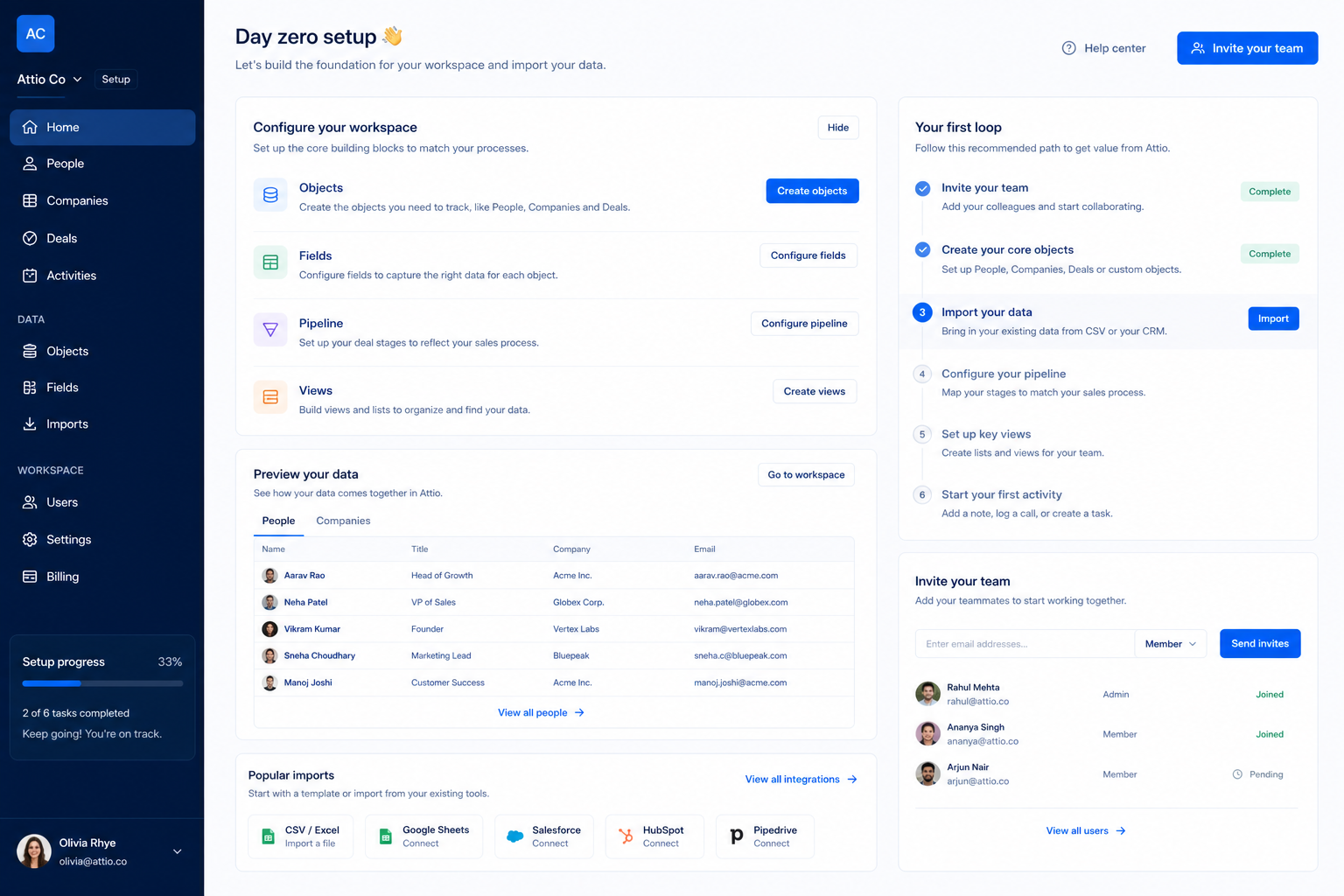 Attio setup hero: account → pipeline → users → email → first deal checklist.