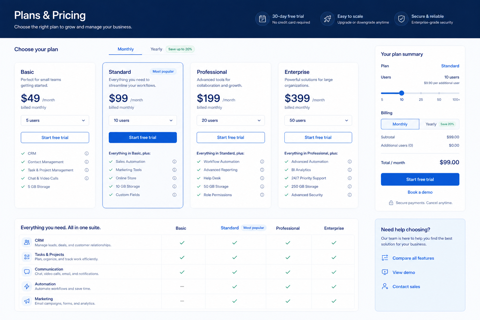 Bitrix24 plans hero: must-haves mapping to qualifying plan tiers — no invented totals.