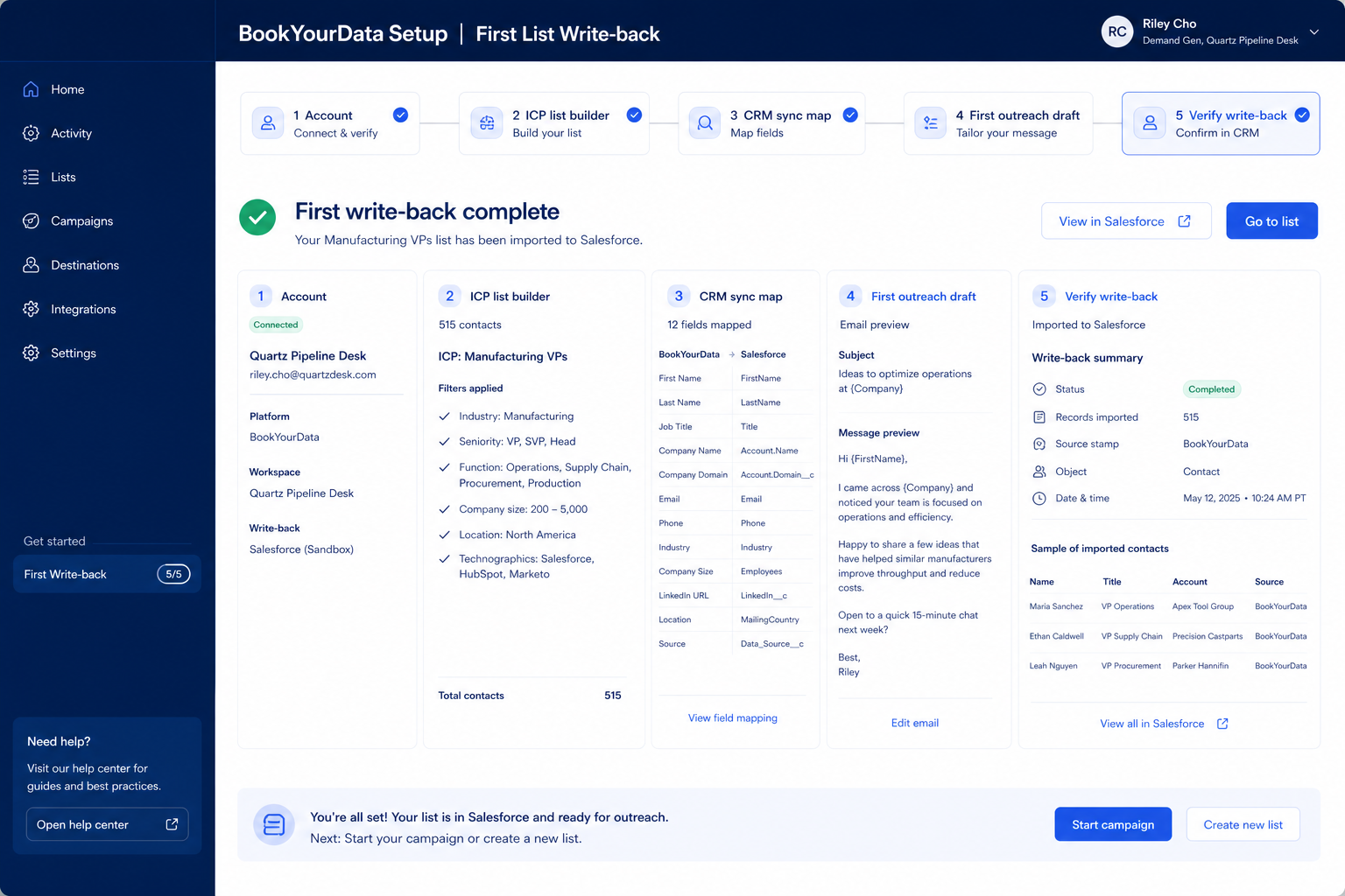BookYourData setup hero: account → seats → list → sequence/dialer → CRM sync checklist.