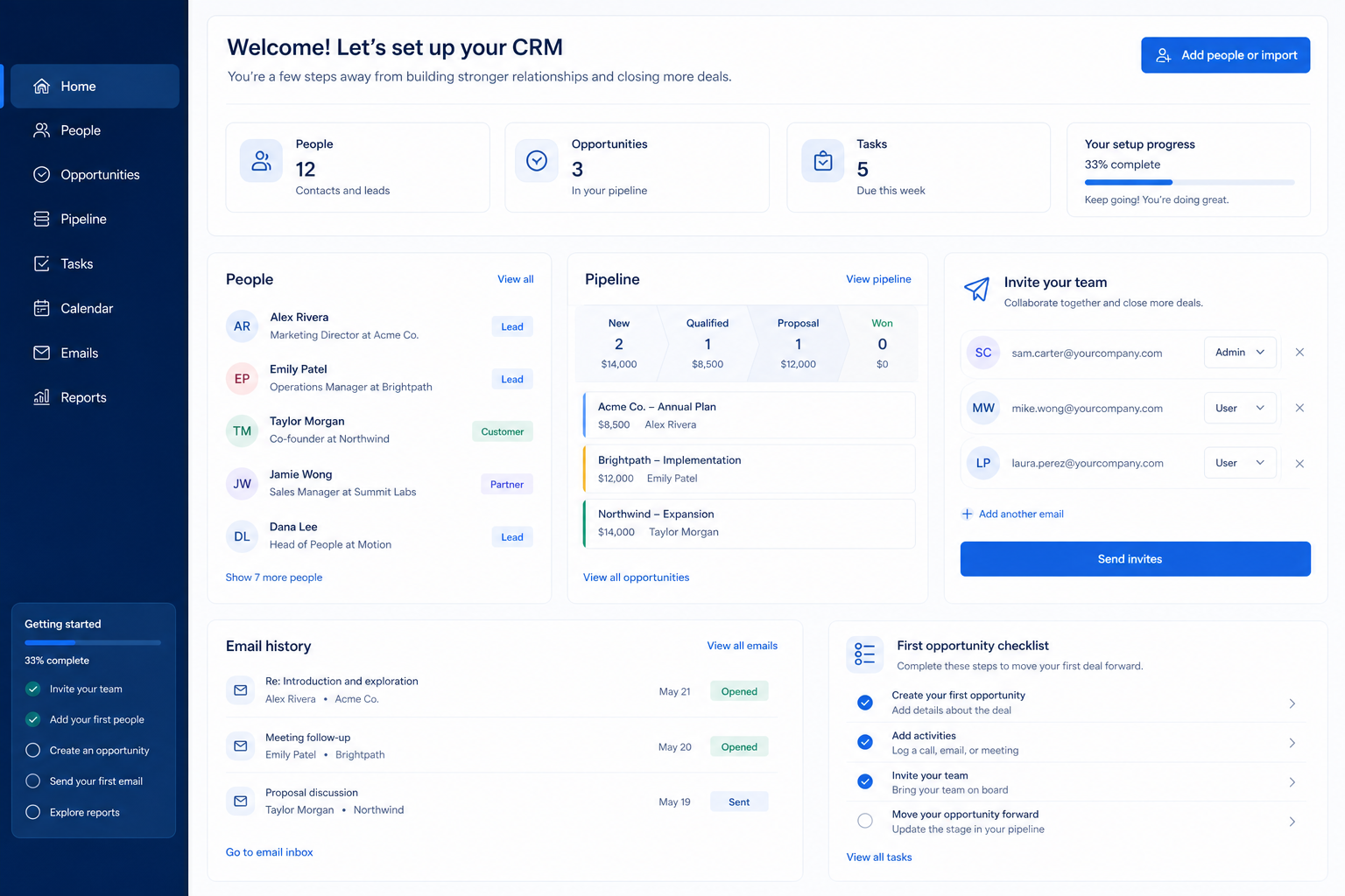 Capsule setup hero: account → pipeline → users → email → first deal checklist.