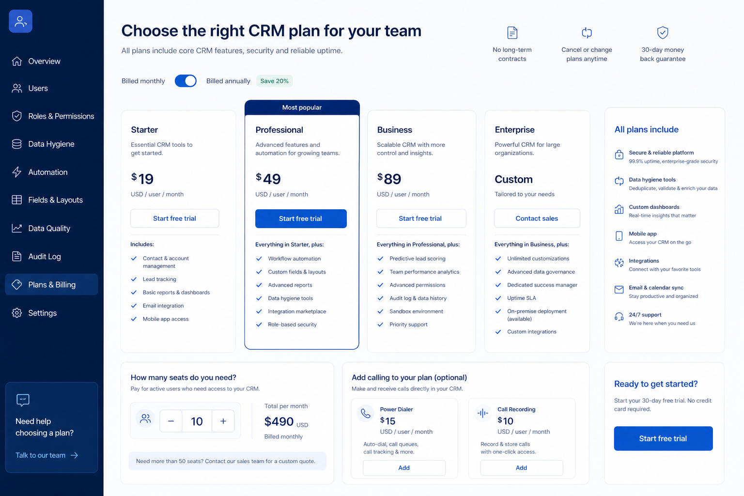 Close plans hero: must-haves mapping to qualifying plan tiers — no invented totals.