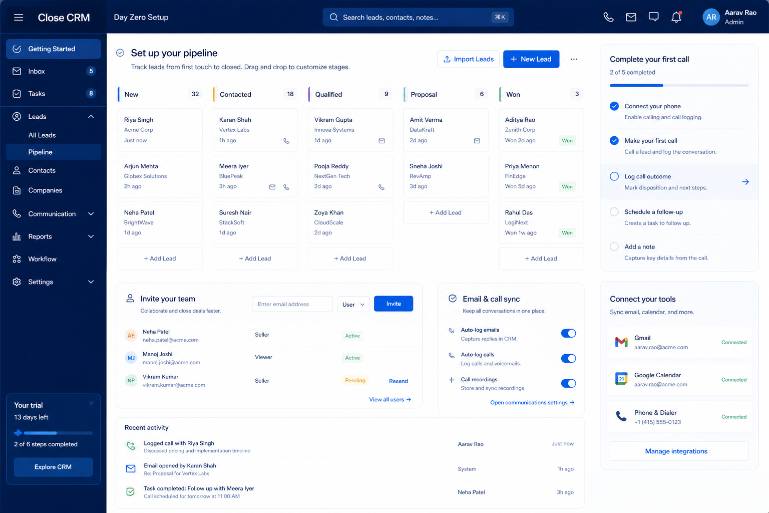 Close setup hero: account → pipeline → users → email → first deal checklist.