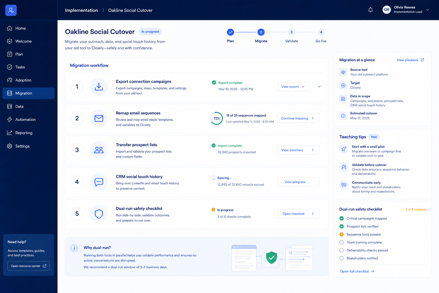Closely migration hero: export → map → pilot → validate path into sales intelligence.