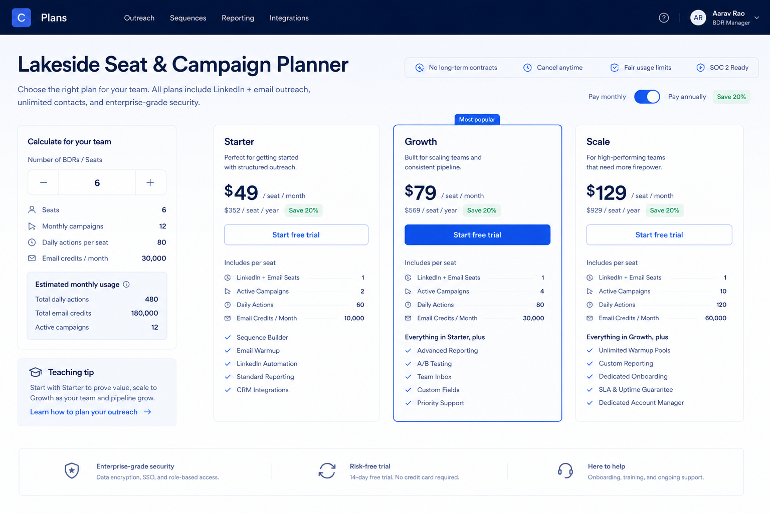 Closely plans hero: must-haves mapping to seats/credits tiers — no invented totals.