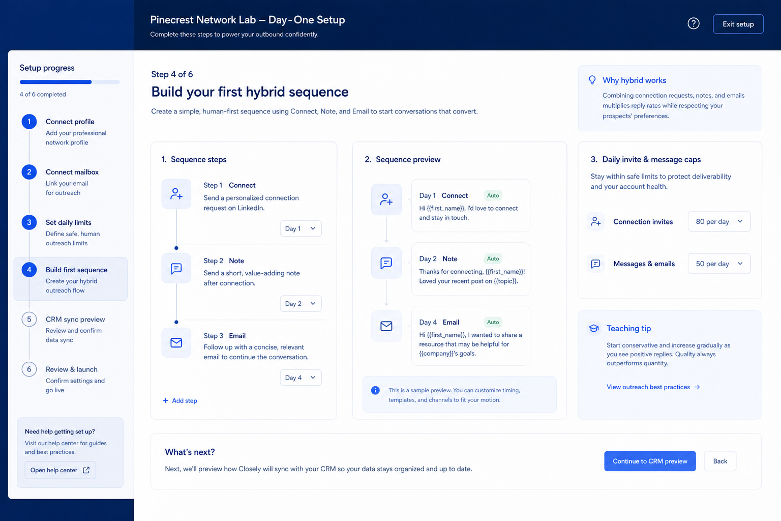 Closely setup hero: account → seats → list → sequence/dialer → CRM sync checklist.