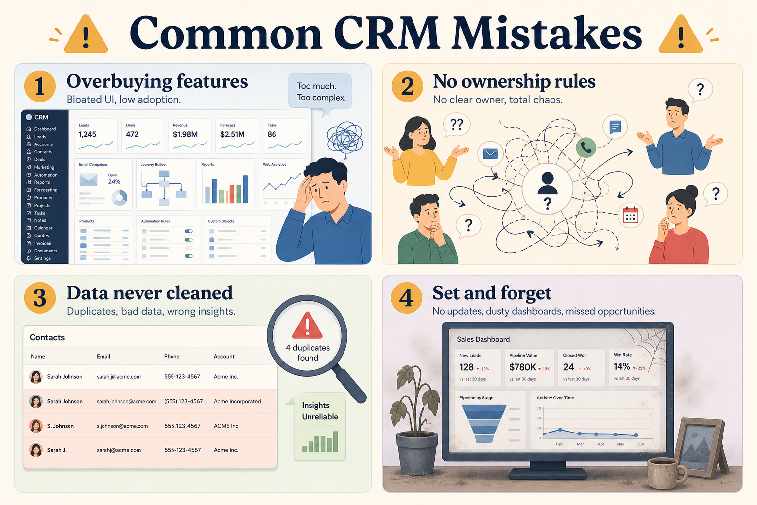 Educational overview of common CRM failure modes around overbuying, ownership, data, adoption, hype, and change cost.