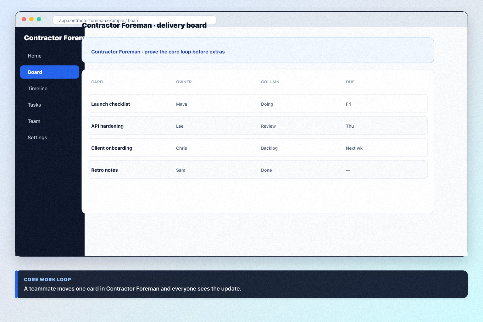 Contractor Foreman setup hero: account → core board → users → integrations → non-admin proof.