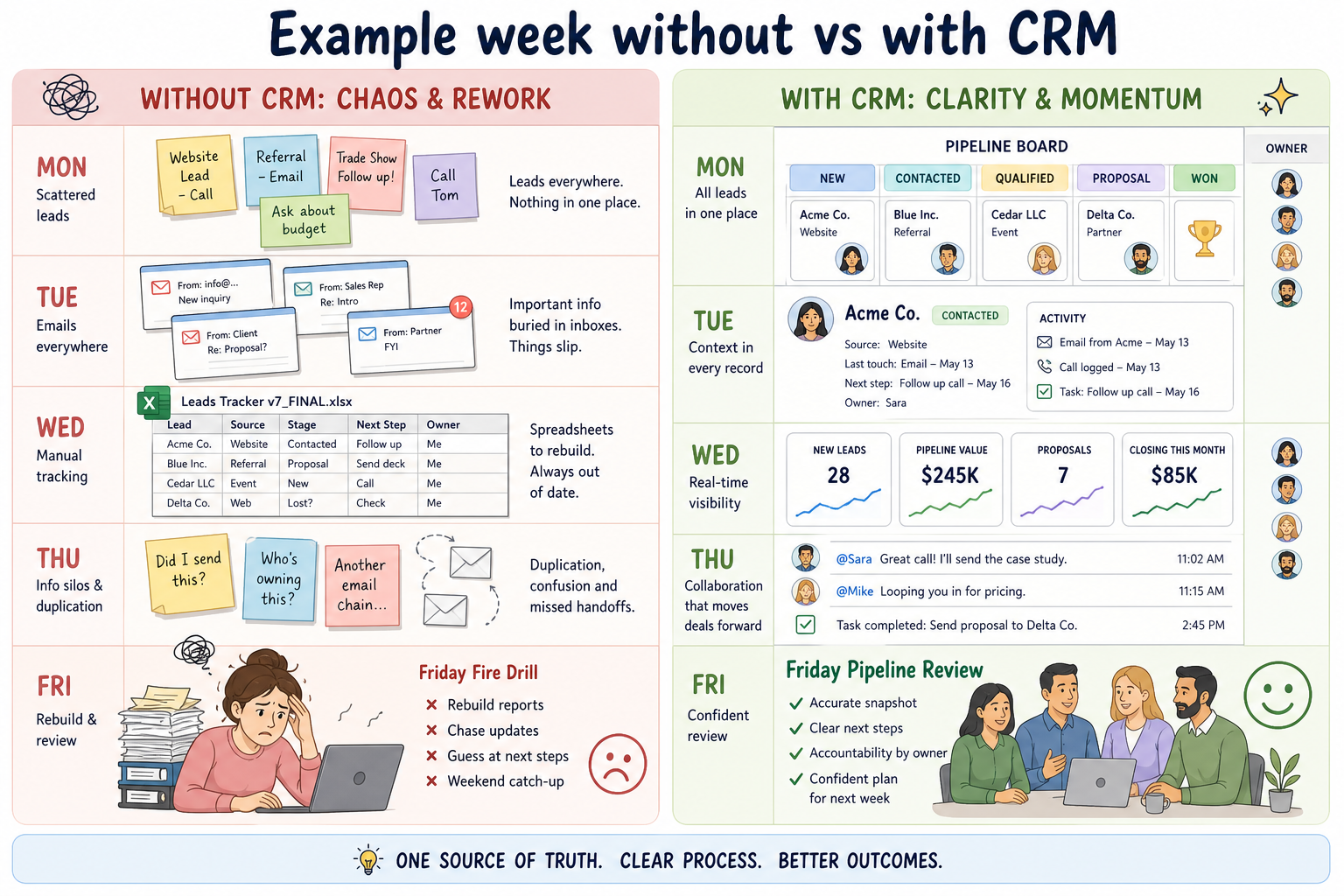 Worked example comparing one team week without CRM versus with a maintained CRM system of record.