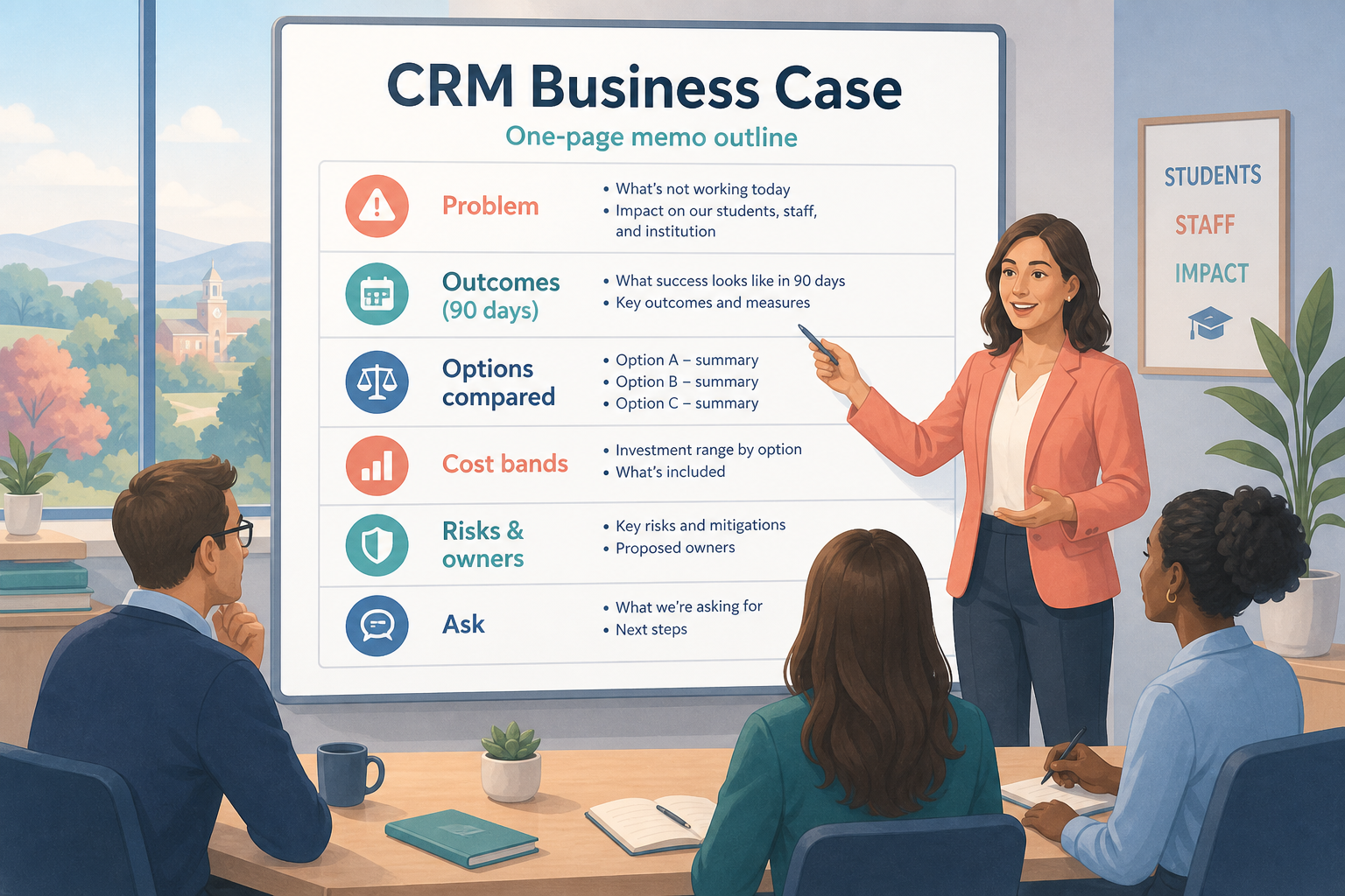 CRM business case hero: one-page memo sections from Problem through Ask with signature line.